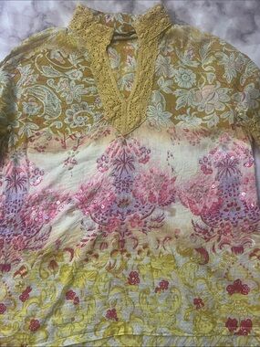 Jasmine Yellow & Pink Floral Lace-Trim Top